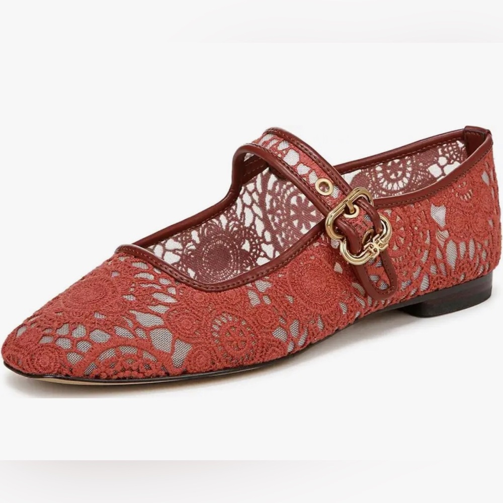 Sam Edelman Michaela Deep Scarlet Mesh lace Fabric Mary Jane Flats size 10 new - Picture 4 of 11